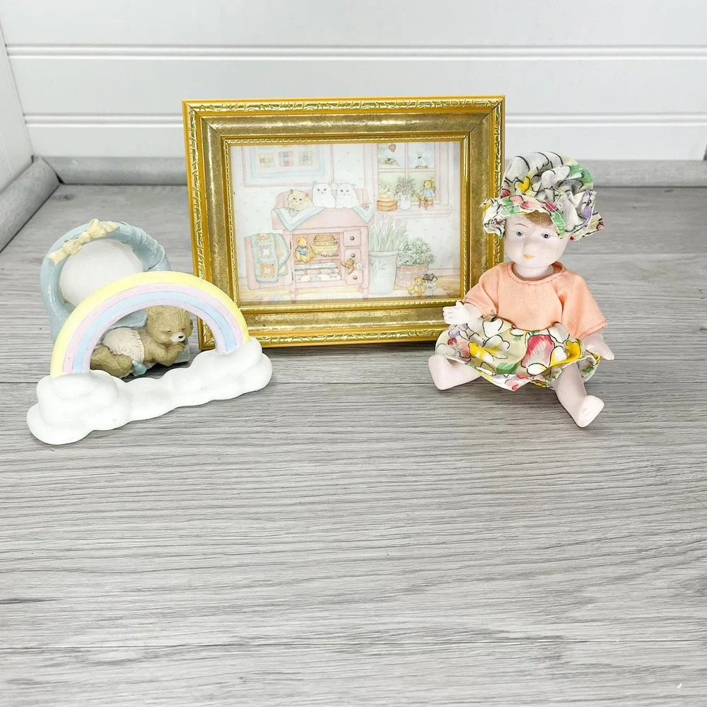 Vintage Nursery Decor Set: Ceramic Rainbow, Teddy Bear Frame, Cat Print